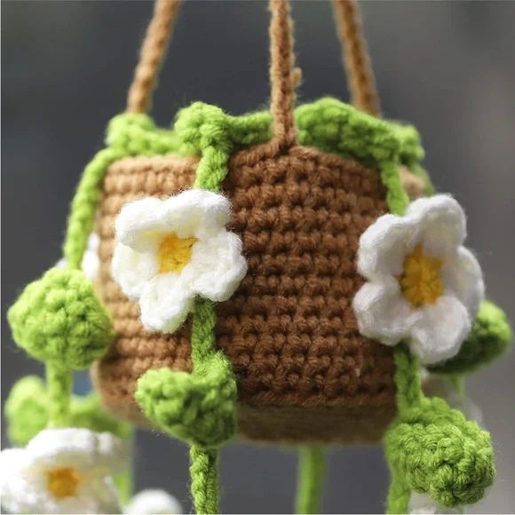 Handmade Woven Daisy Flower Plant Vine Pot Knit Car Mirror Hanging Accessory - Picture 4 of 6